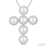 4 MM Cross Cultured Pearl and 1/3 Ctw Round Cut Diamond Pendant With Chain in 14K White Gold