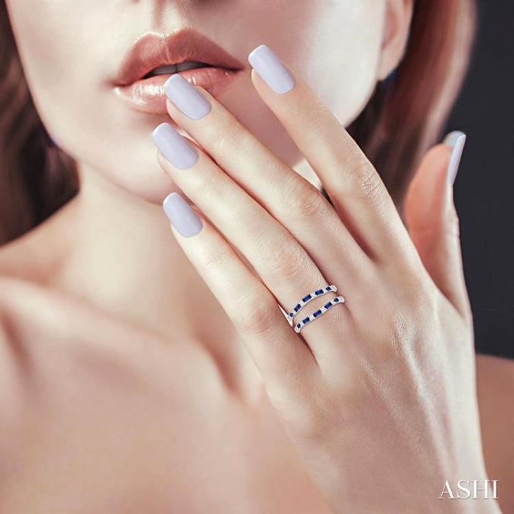 2.1x1.4, 2.9x1.5 & 3.1x1.5 MM Baguette Cut Sapphire and 1/5 Ctw Round Cut Diamond Precious Insert Ring in 14K White Gold