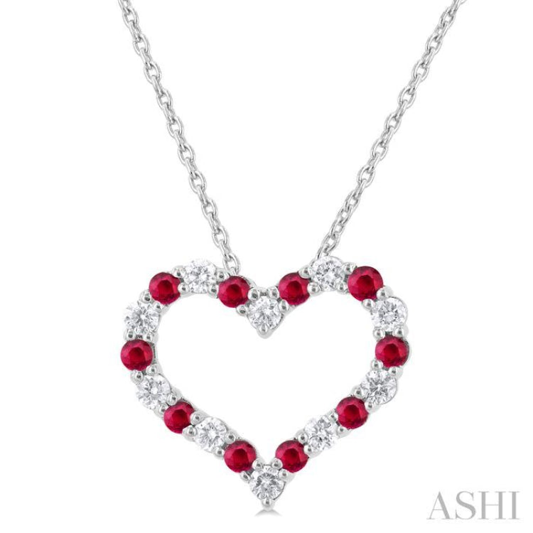 1.80 MM Round Cut Ruby and 1/4 Ctw Open Heart Round Cut Diamond Precious Fashion Pendant With Chain in 14K White Gold