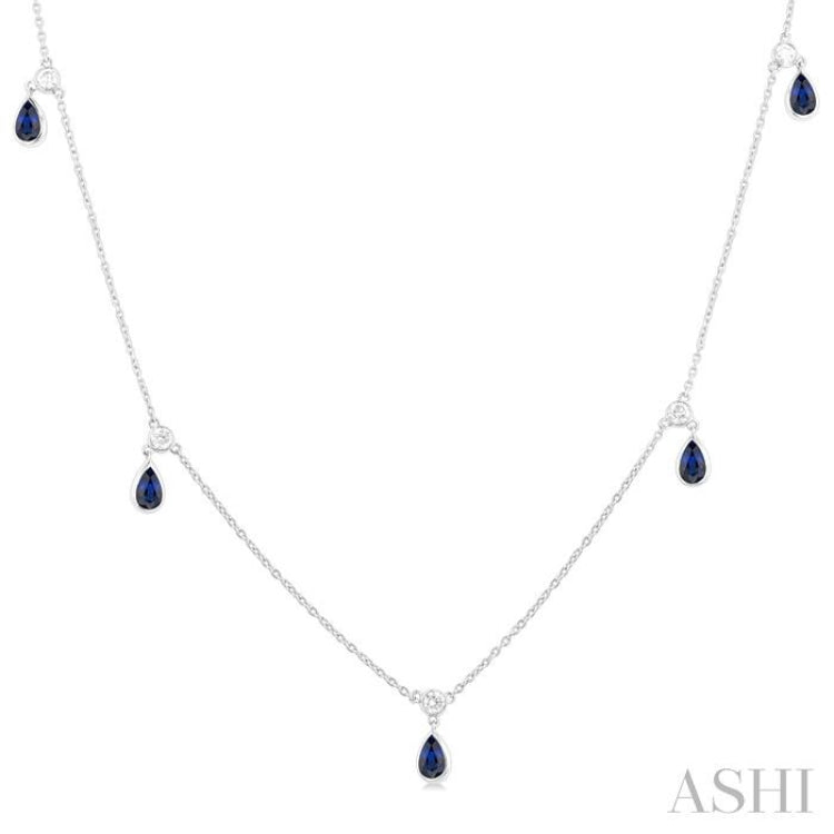 5x3 MM Pear Shape Sapphire and 1/4 Ctw Round Cut Diamonds Precious Station Necklace in 10K White Gold