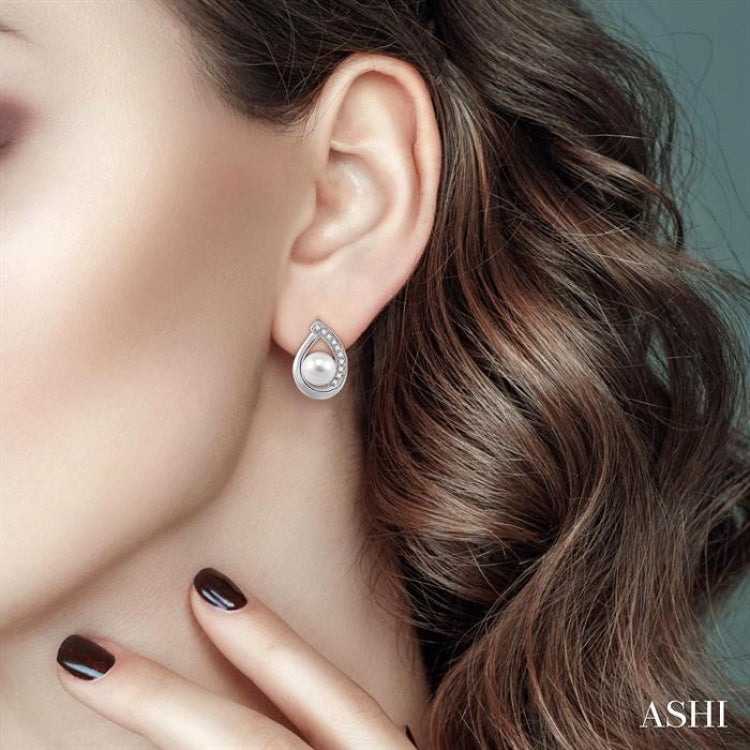 6x6 MM Round Shape Cultured Pearls and 1/10 Ctw Round Cut Diamond Earrings in 14K White Gold