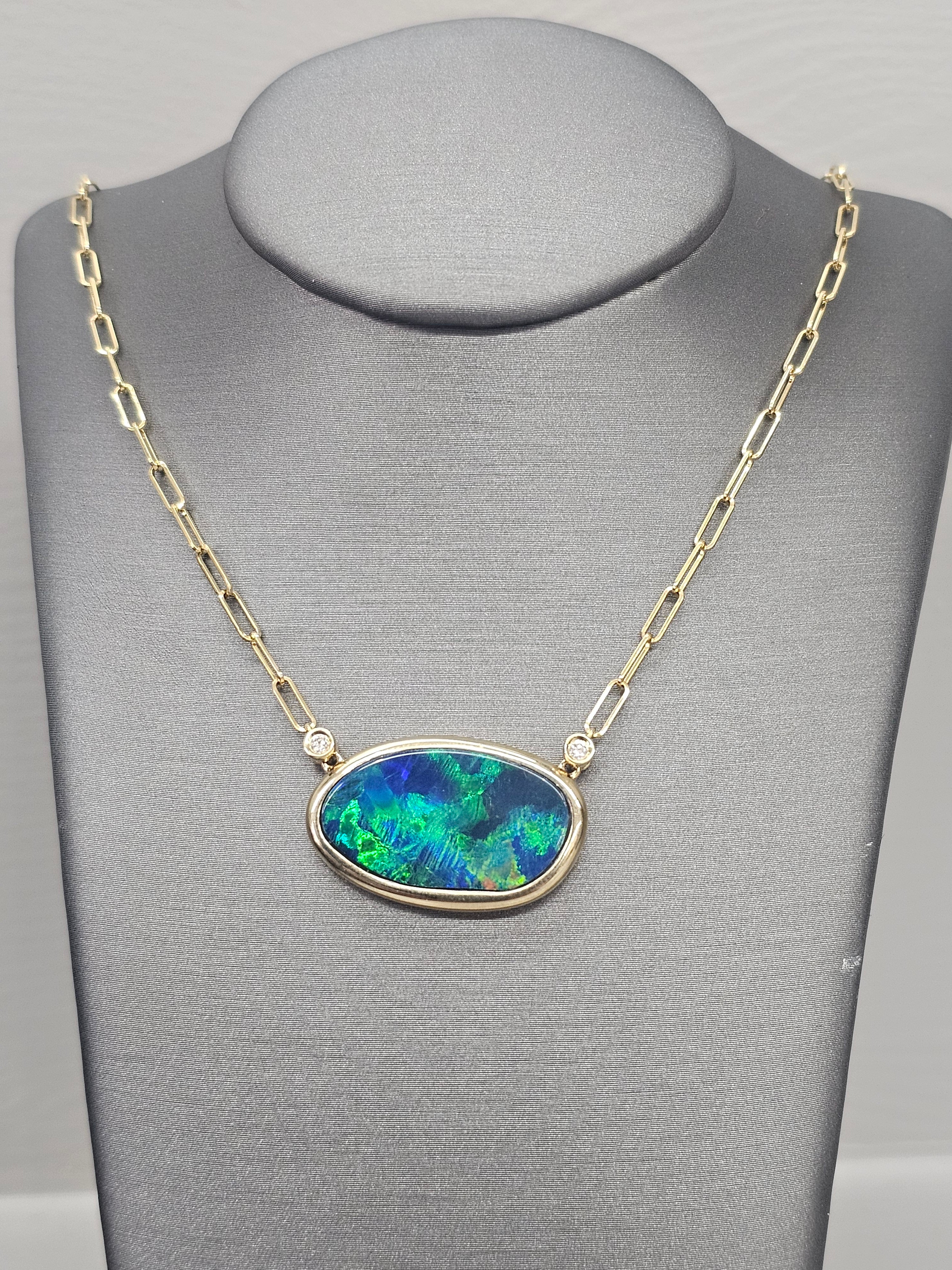 14KY Australian Black Doublet Opal and Diamond Necklace
