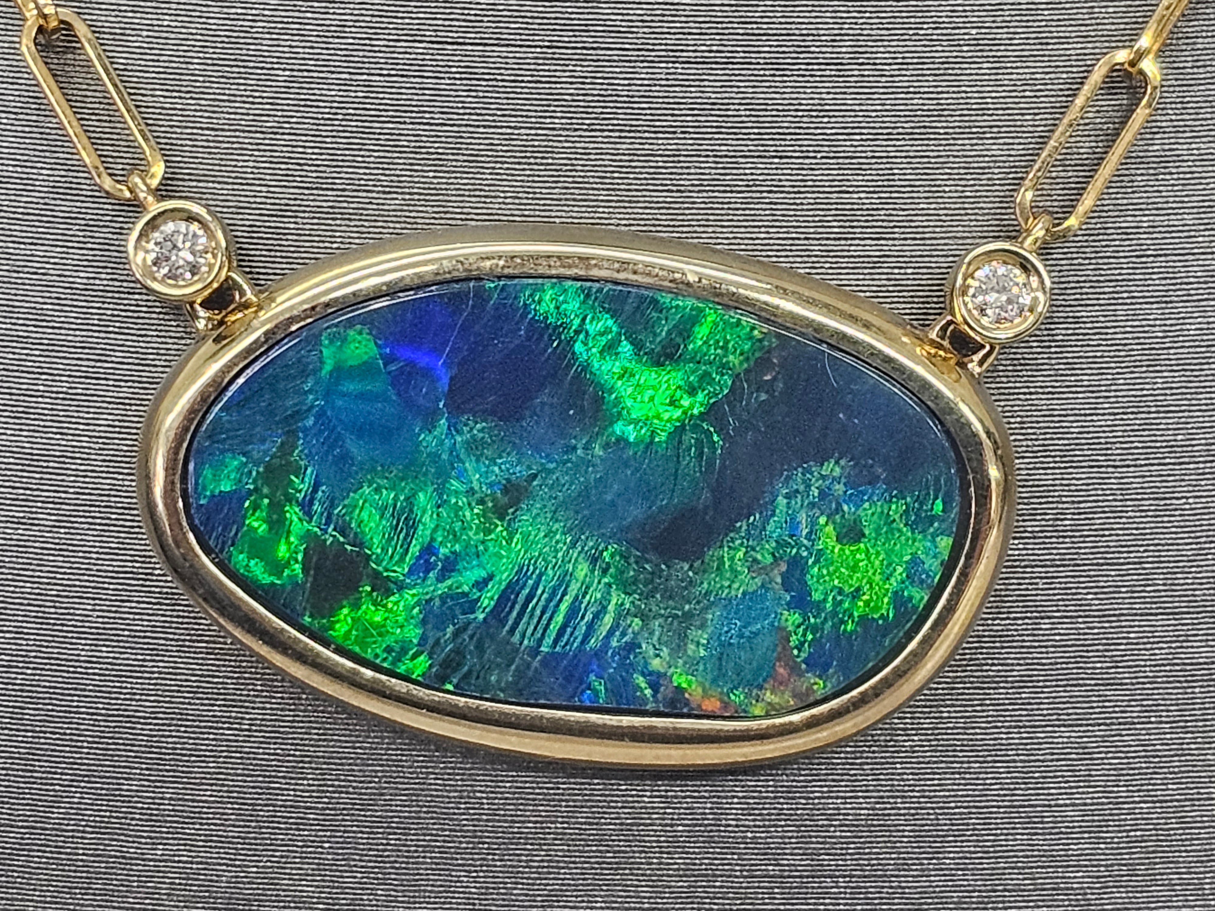 14KY Australian Black Doublet Opal and Diamond Necklace