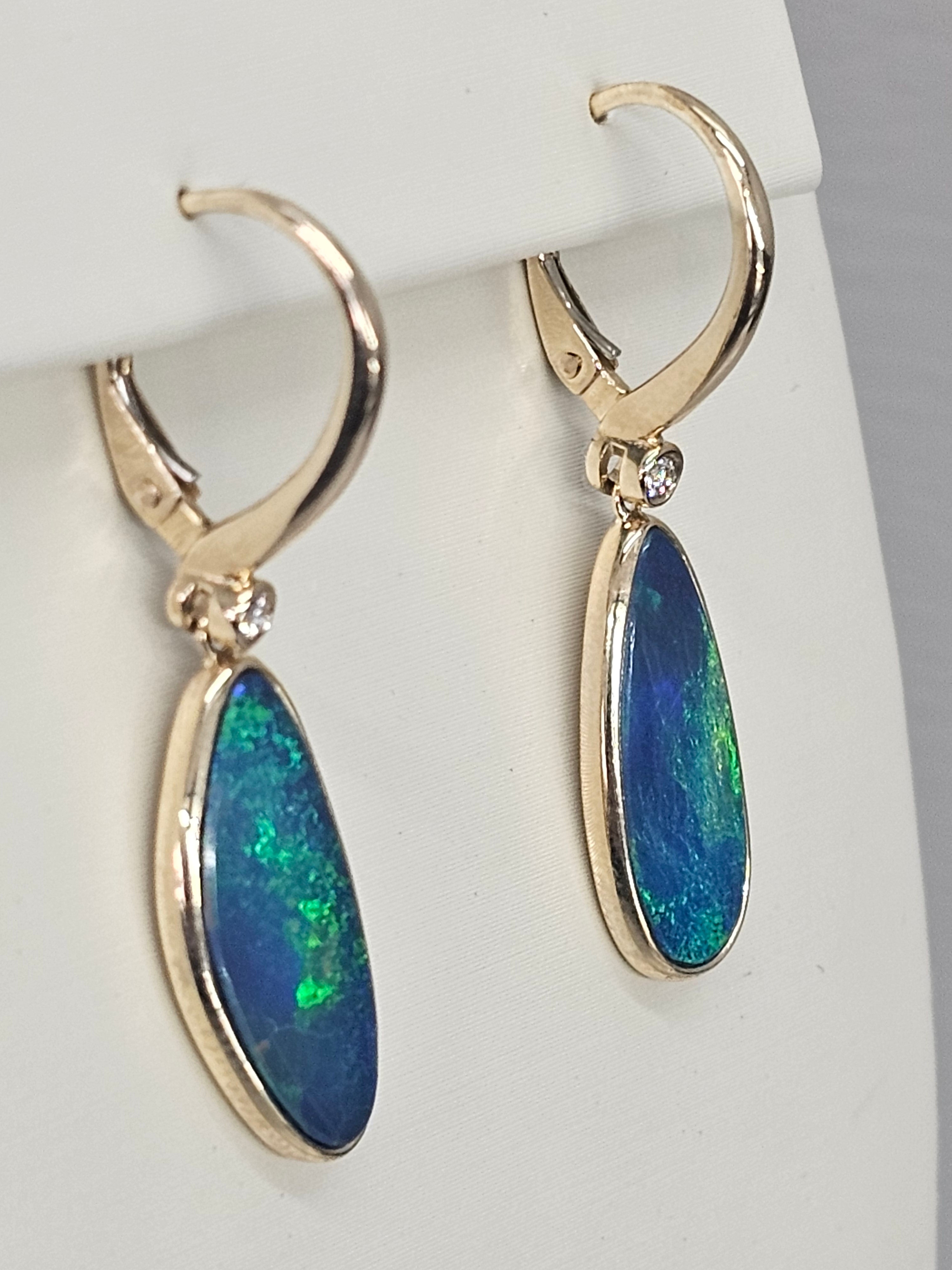 14KY Australian Black Doublet Opal and Diamond Earrings
