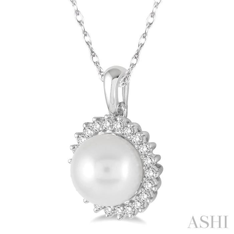 8x8 MM Round Shape Cultured Pearl and 1/5 Ctw Round Cut Diamond Pendant in 14K White Gold with Chain