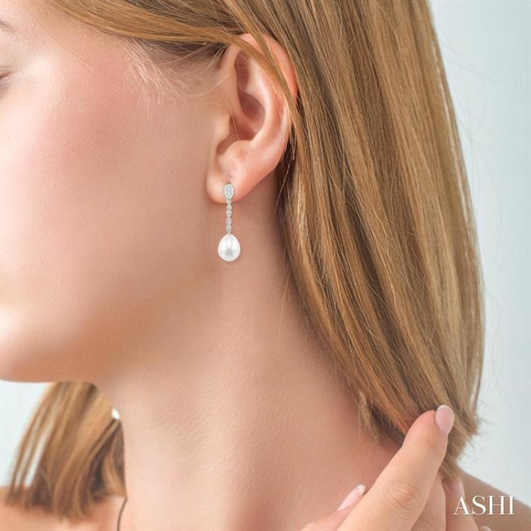 11x8.5 MM Cultured Pearls and 1/4 Ctw Round Cut Diamond Drop Hanging Lovebright Earrings in 14K White Gold