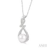 7 MM Round Shape Cultured Pearl and 1/10 Ctw Swirl Top Round Cut Diamond Fashion Pendant With Chain in 10K White Gold