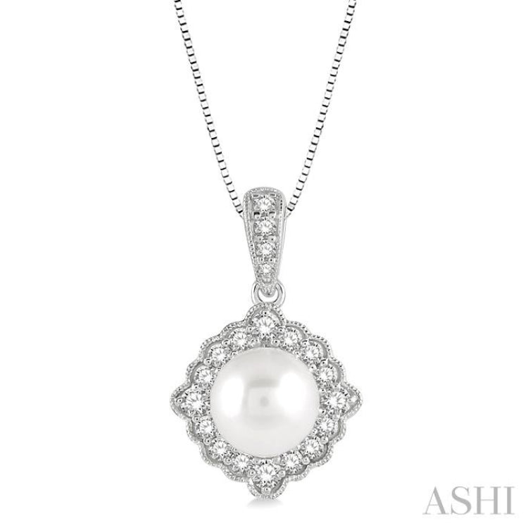 7 MM Cultured Pearl and 1/5 Ctw Round Cut Diamond Halo Pendant With Chain in 10K White Gold