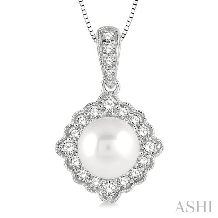 7 MM Cultured Pearl and 1/5 Ctw Round Cut Diamond Halo Pendant With Chain in 10K White Gold