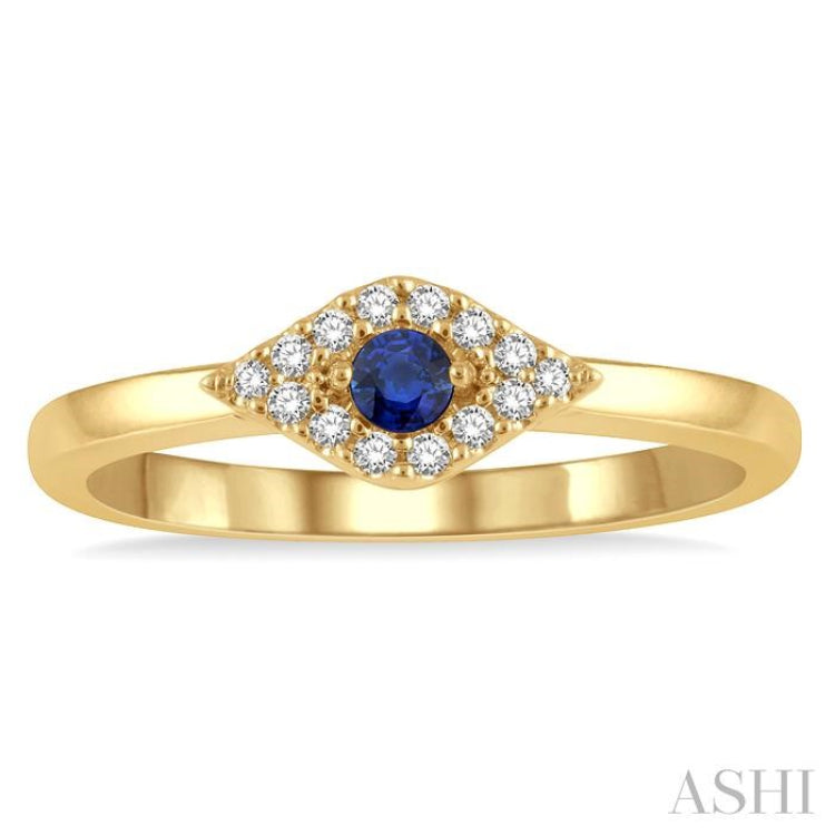 2.60 MM Round Shape Sapphire and 1/10 Ctw Evil Eye Petite Round Cut Diamond Precious Ring in 10K Yellow Gold