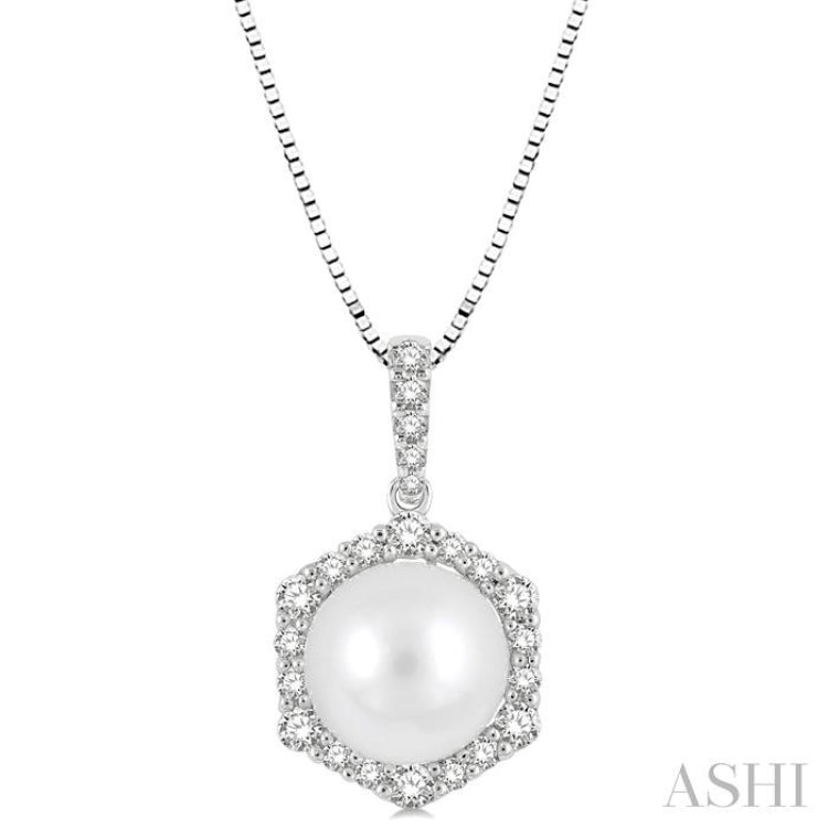 8 MM Cultured Pearl and 1/3 Ctw Hexagon Shape Round Cut Diamond Pendant With Chain in 14K White Gold