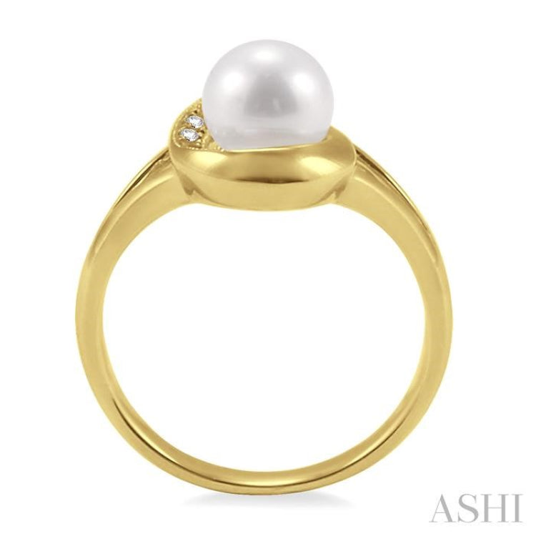 6.5 MM Round Shape Cultured Pearl and 1/20 Ctw Round Cut Diamond Ring in 10K Yellow Gold