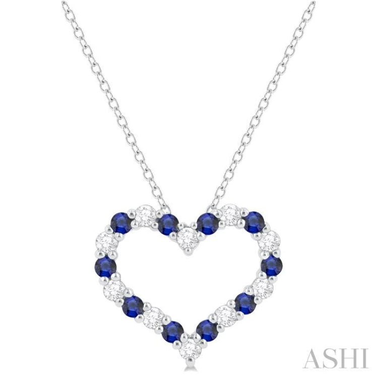 1.80 MM Round Cut Sapphire and 1/4 Ctw Open Heart Round Cut Diamond Precious Fashion Pendant With Chain in 14K White Gold