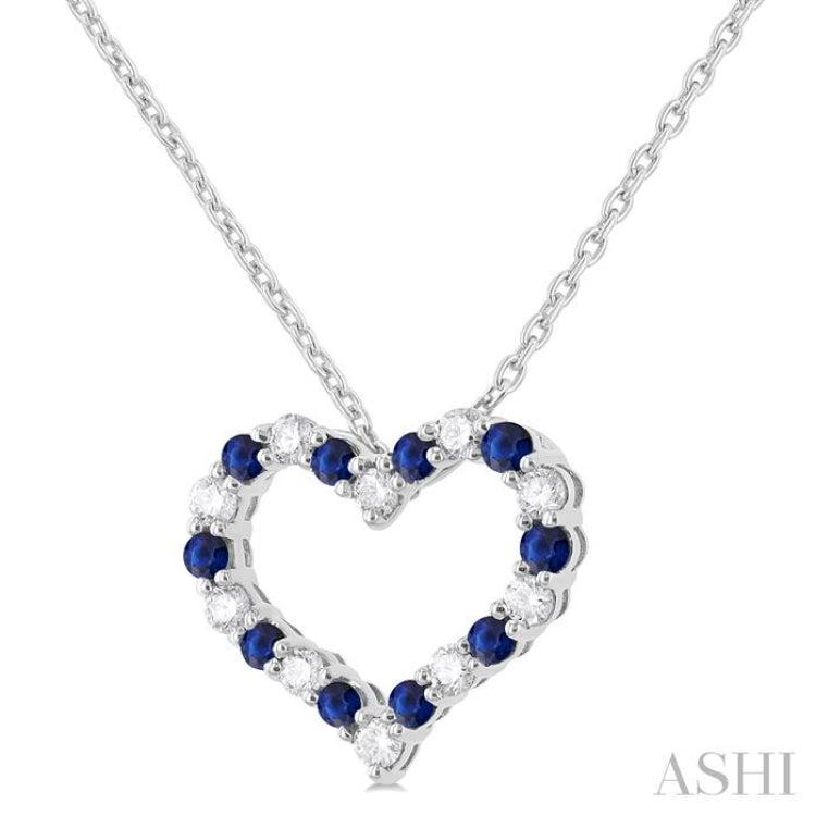 1.80 MM Round Cut Sapphire and 1/4 Ctw Open Heart Round Cut Diamond Precious Fashion Pendant With Chain in 14K White Gold
