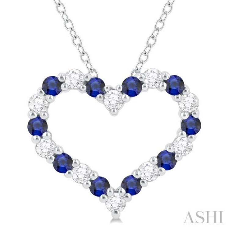1.80 MM Round Cut Sapphire and 1/4 Ctw Open Heart Round Cut Diamond Precious Fashion Pendant With Chain in 14K White Gold