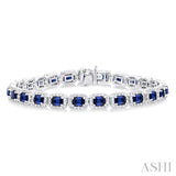 4X3 MM Emerald Cut Sapphire and 2 1/5 Ctw Round Cut Diamond Halo Precious Bracelet in 14K White Gold
