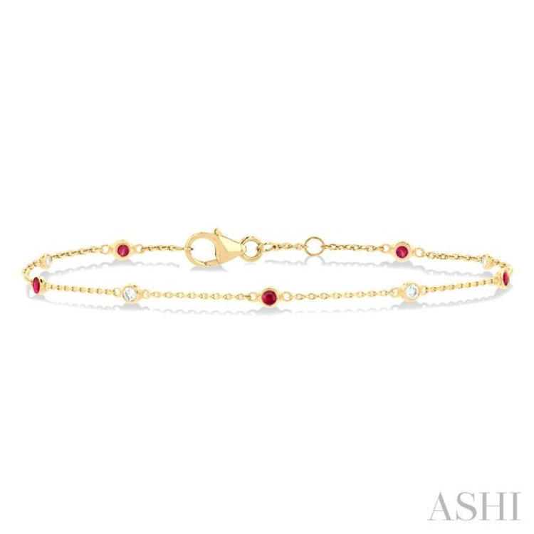 1.8 MM Ruby and 1/10 Ctw Bezel Set Round Cut Diamond Precious Gemstone Station Bracelet in 14K Yellow Gold