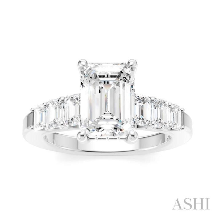 1 Ctw Emerald Shape Emerald and Round Cut Diamond Semi-Mount Engagement Ring in 14K White Gold