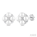 3 MM Floral Round Shape Cultured Pearl and 1/20 Ctw Round Cut Diamond Fashion Stud Earring in 10K White Gold