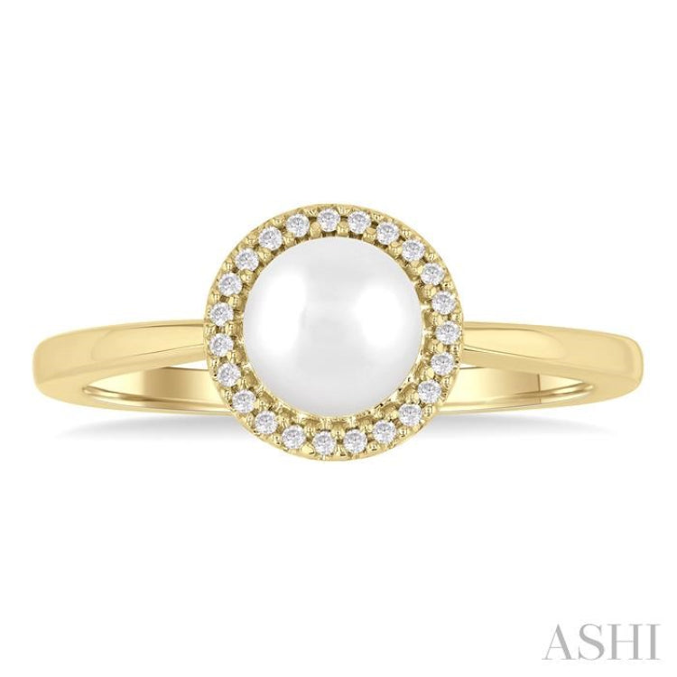 6 MM Round Shape Cultured Pearl and 1/20 Ctw Petite Round Cut Diamond Halo Fashion Ring in 10K Yellow Gold