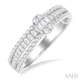 1/3 ctw Oval Shape Ball Bead Shank Fusion Baguette and Round Cut Diamond Fashion Band in 14K White Gold