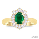 7x5 MM Emerald Oval Cut and 3/8 ctw Baguette & Round Cut Diamond Halo Precious Ring in 14K Yellow Gold