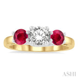 4.65 MM Round Shape Ruby and 3/4 ctw Past, Present and Future Round Cut Diamond Precious Ring in 14K Yellow and White Gold