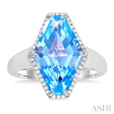 16x10 MM Hexagon Shape Blue Topaz and 1/10 ctw Round Cut Diamond Halo Semi Precious Ring in 14K White Gold