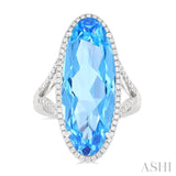 26x10 MM Oval Cut Blue Topaz and 1/2 ctw Round Cut Diamond Halo Semi Precious Ring in 14K White Gold