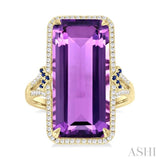 22x10 MM Emerald Cut Amethyst and 0.80 MM Round Sapphire & 1/4 ctw Round Cut Diamond Halo Precious & Semi-Precious Ring in 14K Yellow Gold