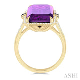 22x10 MM Emerald Cut Amethyst and 0.80 MM Round Sapphire & 1/4 ctw Round Cut Diamond Halo Precious & Semi-Precious Ring in 14K Yellow Gold