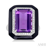 14x10 MM Emerald Cut Amethyst and 1/5 ctw Round Cut Diamond Halo & Black Enamel Border Semi Precious Ring in 14K White Gold