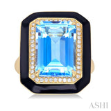 14x10 MM Emerald Cut Blue Topaz and 1/5 ctw Round Cut Diamond Halo & Black Enamel Border Semi Precious Ring in 14K Yellow Gold