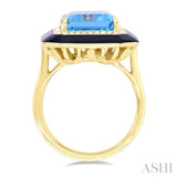 14x10 MM Emerald Cut Blue Topaz and 1/5 ctw Round Cut Diamond Halo & Black Enamel Border Semi Precious Ring in 14K Yellow Gold