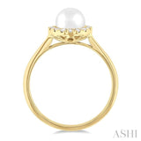 6 MM White Cultured Pearl and 1/6 ctw Round Cut Diamond Halo Ring in 10K Yellow Gold