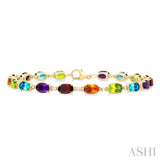 6X4 MM Oval Cut Multiple Gemstone and 1/6 ctw Round Cut Diamond Semi Precious Tennis Bracelet in 10K Yellow Gold