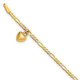 14k Figaro Link Chain with Dangling Puffed Heart 9 inch Anklet