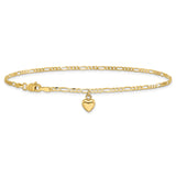 14k Figaro Link Chain with Dangling Puffed Heart 9 inch Anklet