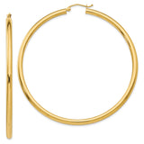 14K 3x65mm Polished Tube Hoop Earrings