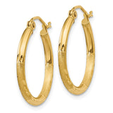 14k 2x20mm Satin Diamond-cut Round Tube Hoop Earrings