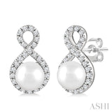 5 MM Cultured Pearls and 1/5 Ctw Single Cut Diamond Petite Earrings 10K White Gold