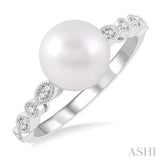 8 MM Cultured Pearl and 1/10 ctw Round Cut Diamond Ring in 14K White Gold