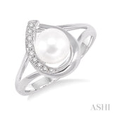 6.5 MM Round Shape Cultured Pearl and 1/20 ctw Round Cut Diamond Ring in 14K White Gold