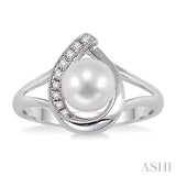 6.5 MM Round Shape Cultured Pearl and 1/20 ctw Round Cut Diamond Ring in 14K White Gold