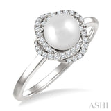 6 MM Cultured Pearl and 1/6 Ctw Single Cut Diamond Petite Fashion Ring in 10K White Gold