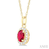 5x3 MM Oval Shape Ruby and 1/20 Ctw Single Cut Diamond Halo Precious Pendant with Chain in 10K Yellow Gold