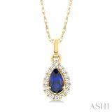 5x3 MM Pear Shape Sapphire and 1/20 Ctw Single Cut Diamond Halo Precious Pendant with Chain in 10K Yellow Gold