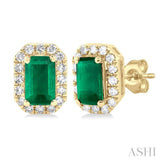 5x3 MM Octagonal Shape Emerald and 1/8 Ctw Single Cut Diamond Halo Precious Stud Earrings in 14K Yellow Gold