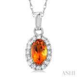 5x3 MM Oval Shape Citrine and 1/20 Ctw Single Cut Diamond Halo Semi-Precious Pendant with Chain in 14K White Gold