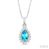 5x3 MM Pear Shape Blue Topaz and 1/20 Ctw Single Cut Diamond Halo Semi-Precious Pendant with Chain in 10K White Gold